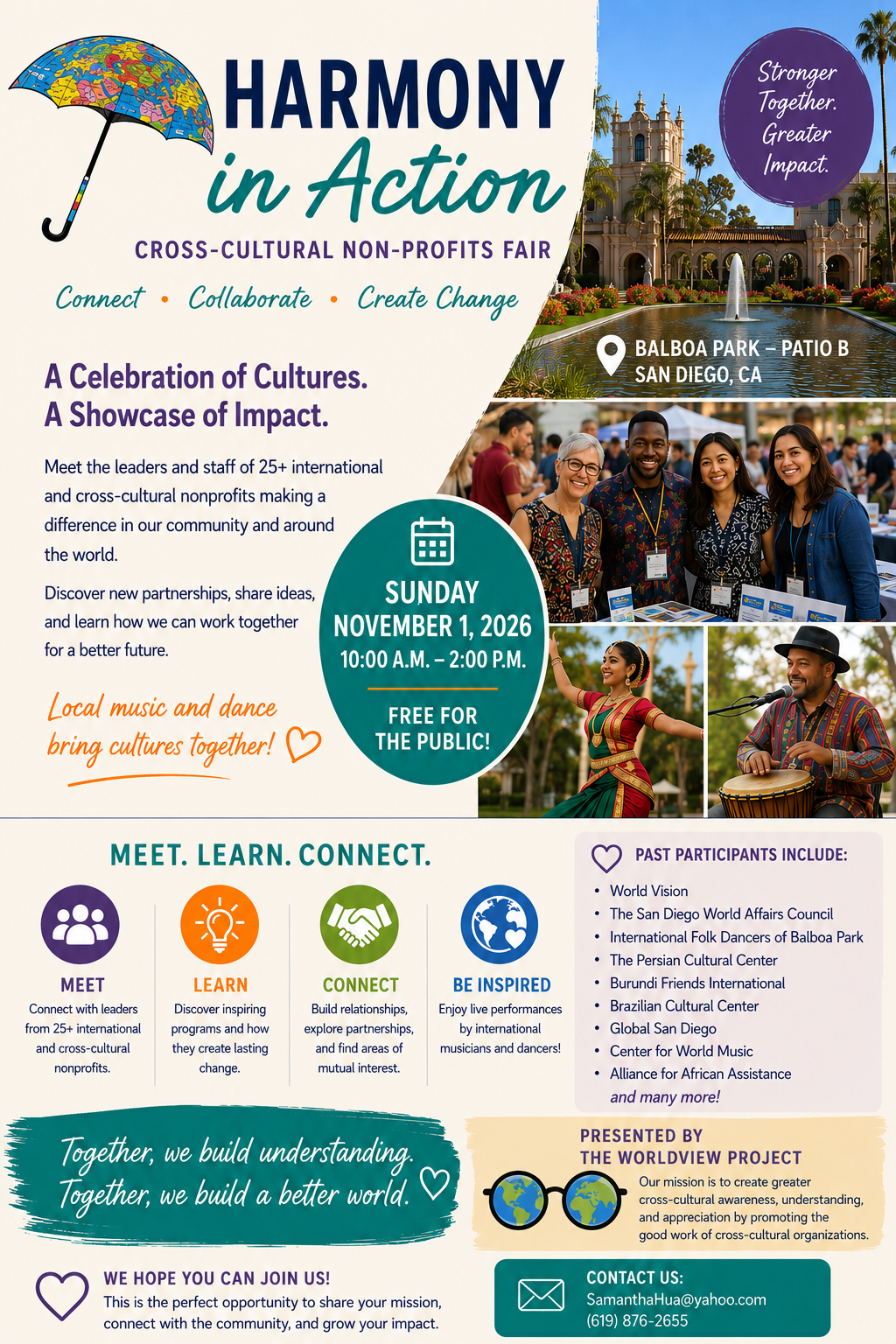 Harmony in Action Cross-Cultural Non-Profits Fair, Sunday November 1, 2026, at Balboa Park